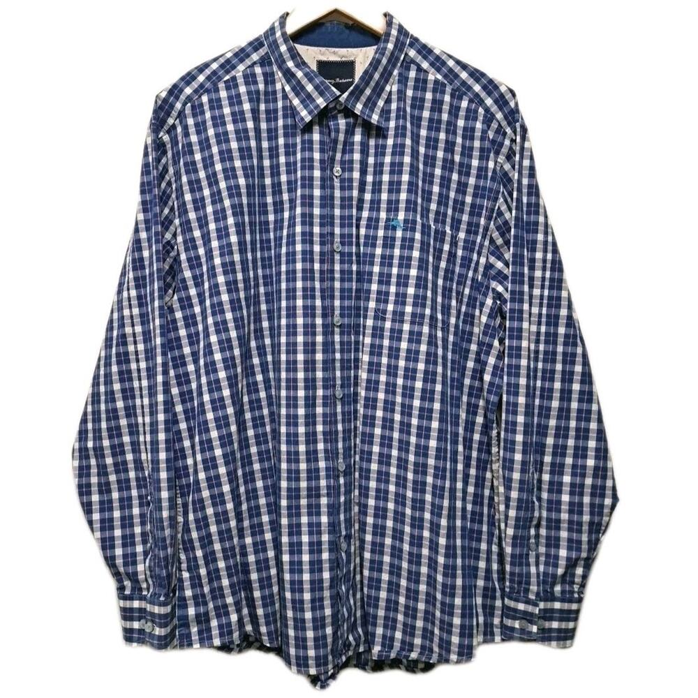 Tommy Bahama Long Sleeve Button Down Shirt Mens XXL Blue Plaid 100% Pima Cotton